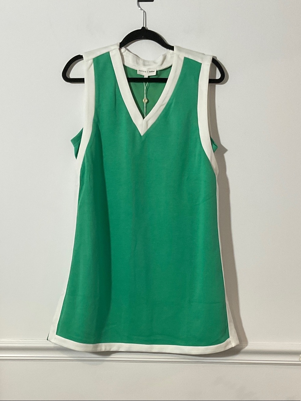 entro Green Sleeveless V-Neck Mini Dress with White Trim